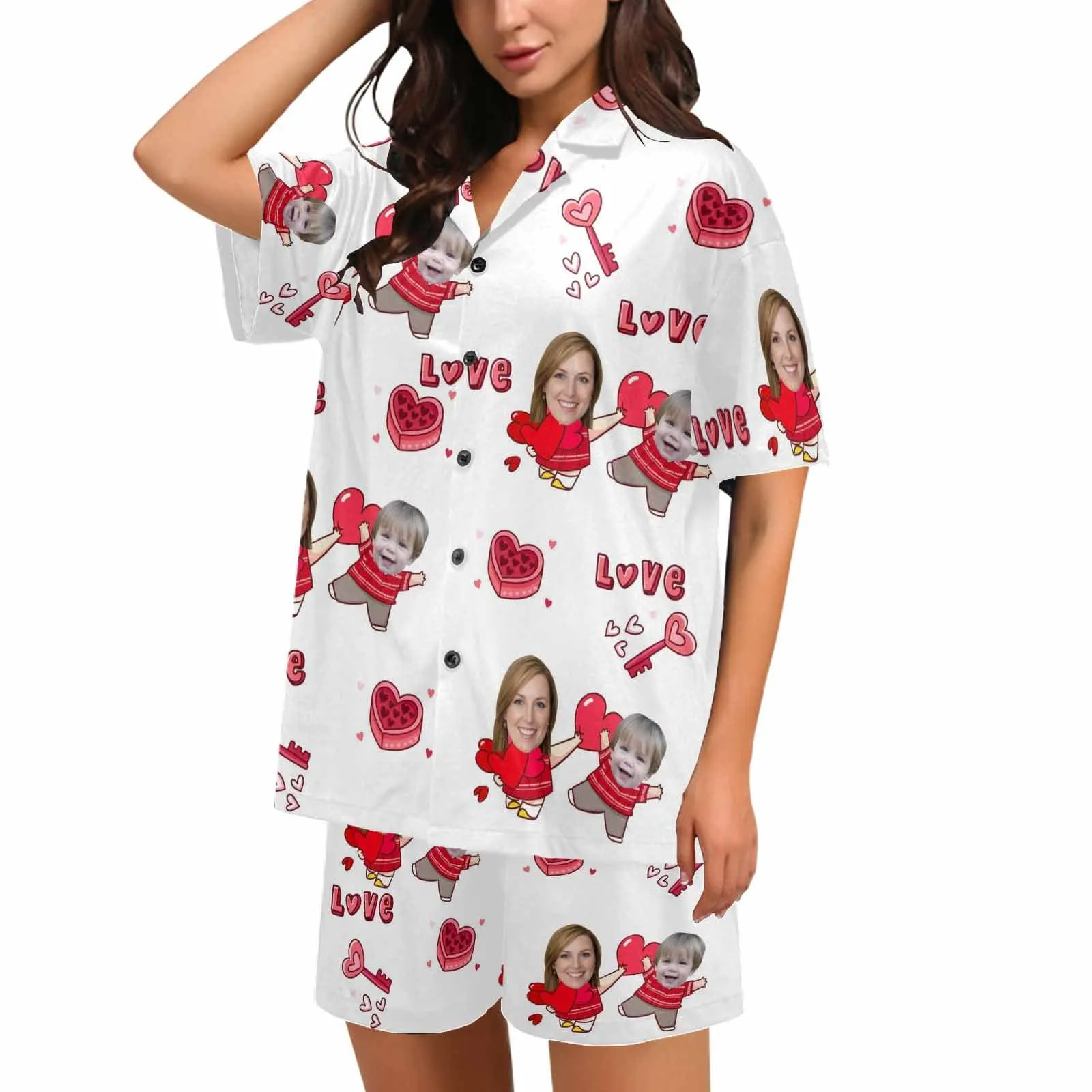 Custom Face Pajamas Love MOM&BABY Sleepwear Personalized Women's V-Neck Short Pajama Set Mother's Day & Birthday Gift