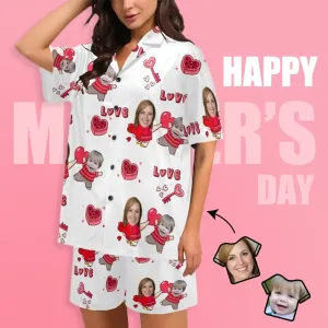 Custom Face Pajamas Love MOM&BABY Sleepwear Personalized Women's V-Neck Short Pajama Set Mother's Day & Birthday Gift