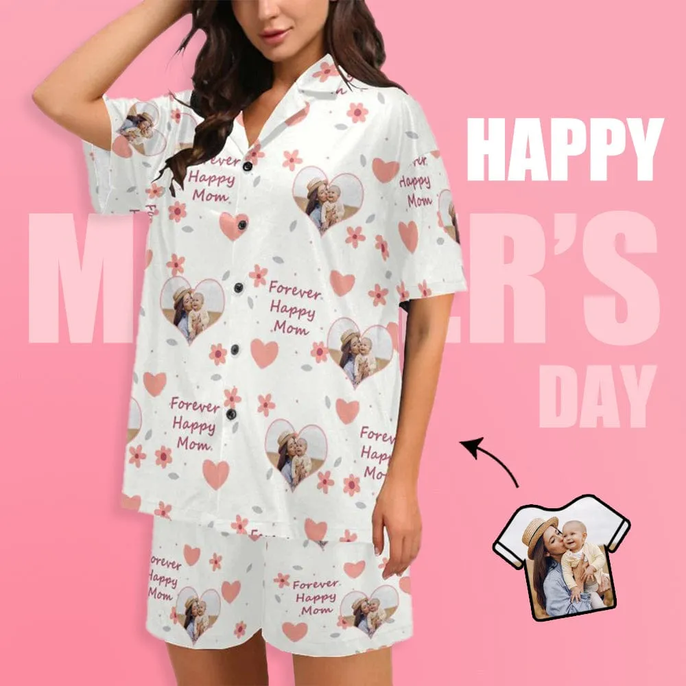 Custom Photo Pajamas Forever Happy MOM Sleepwear Personalized Women's V-Neck Short Pajama Set Mother's Day & Birthday Gift