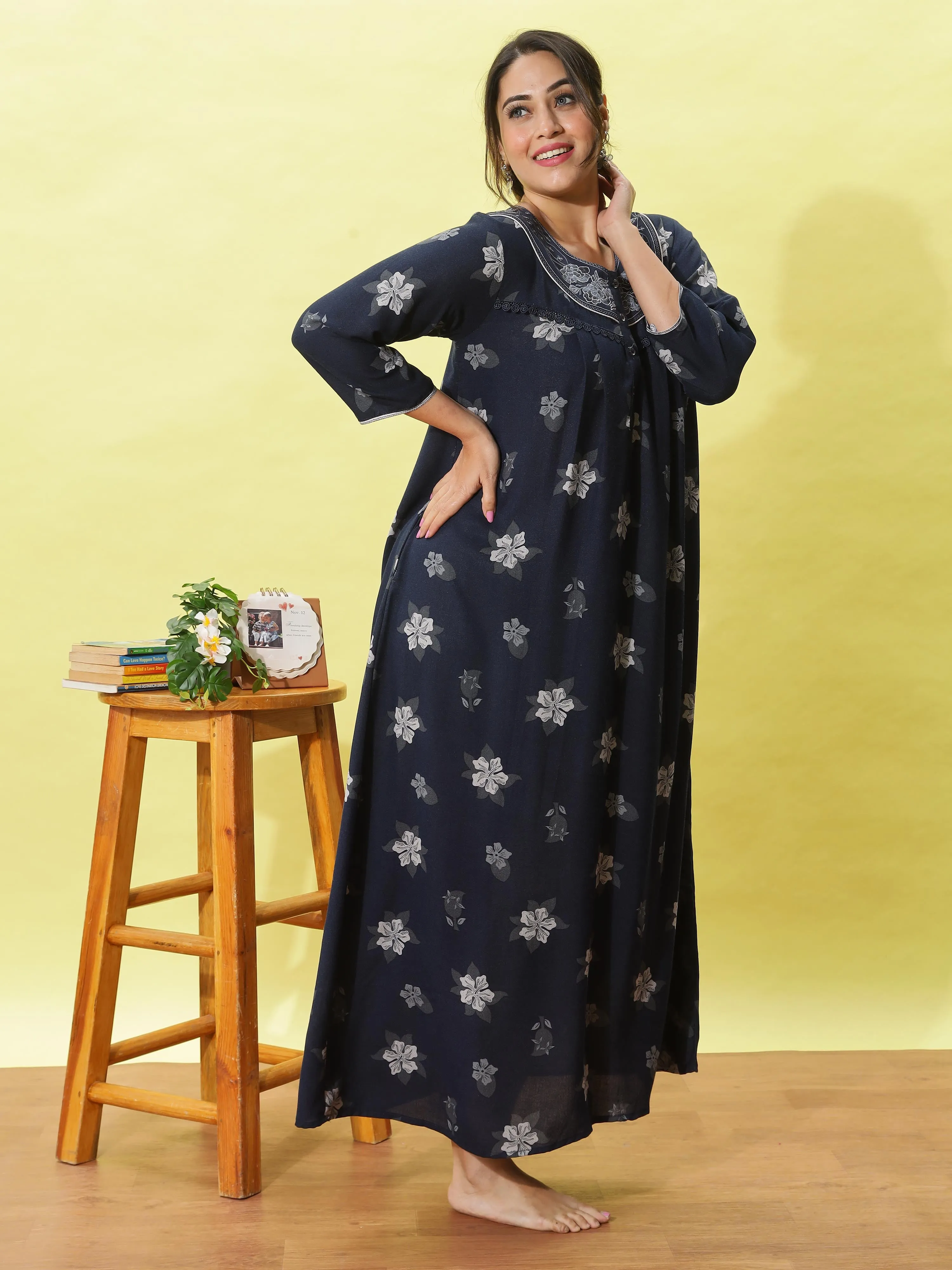 Elegant Navy Blue Nightdress for Women With Stylish & Lightweight