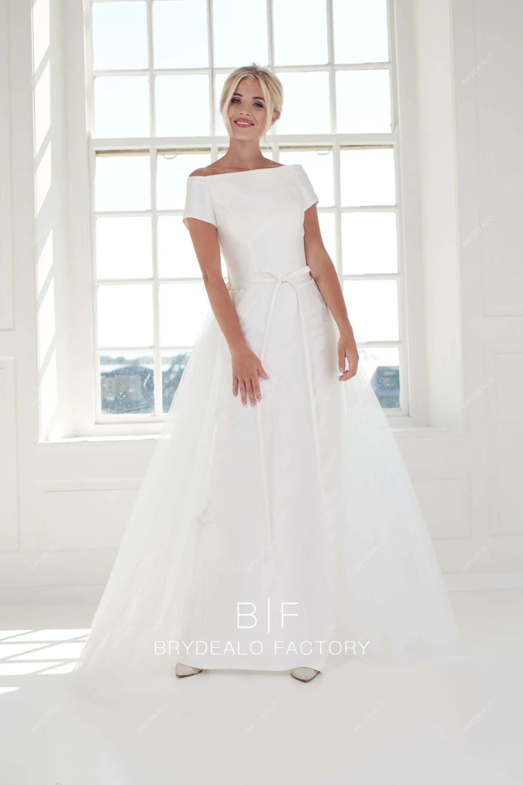 Elegant Off-Shoulder Satin Winter Wedding Dress with Tulle Overskirt