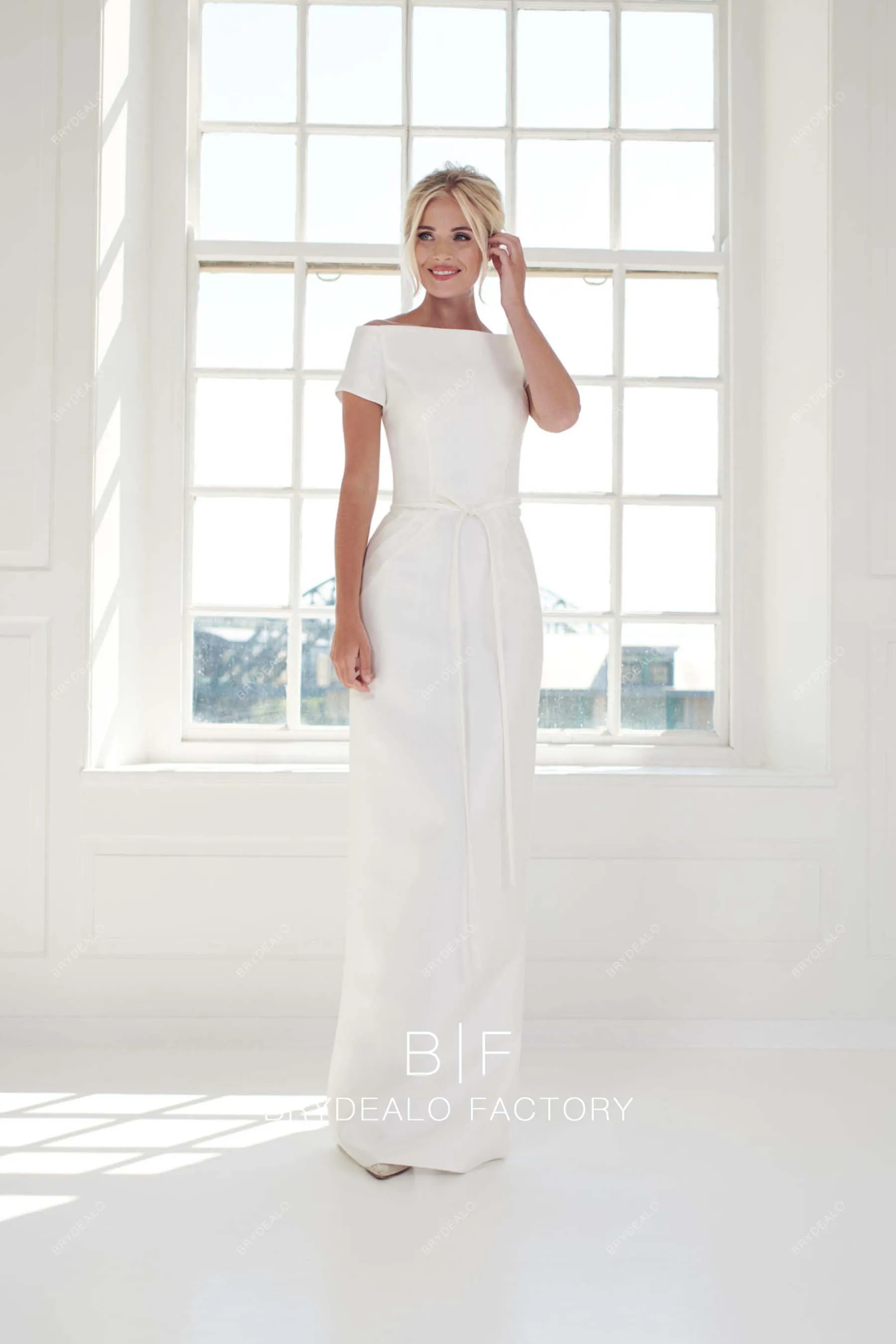 Elegant Off-Shoulder Satin Winter Wedding Dress with Tulle Overskirt