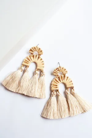 Emily Cream Tassel Earrings | Beige Raffia with Cream Tassels | Boho Chic Dangle Earrings | Tropical Resort Vacation Earrings