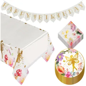 Enchanted Fairy Party Pack - Floral and Gold Fairy Paper Dessert Plates, Napkins, Table Cover, and Banner (16 Plates & Napkins)