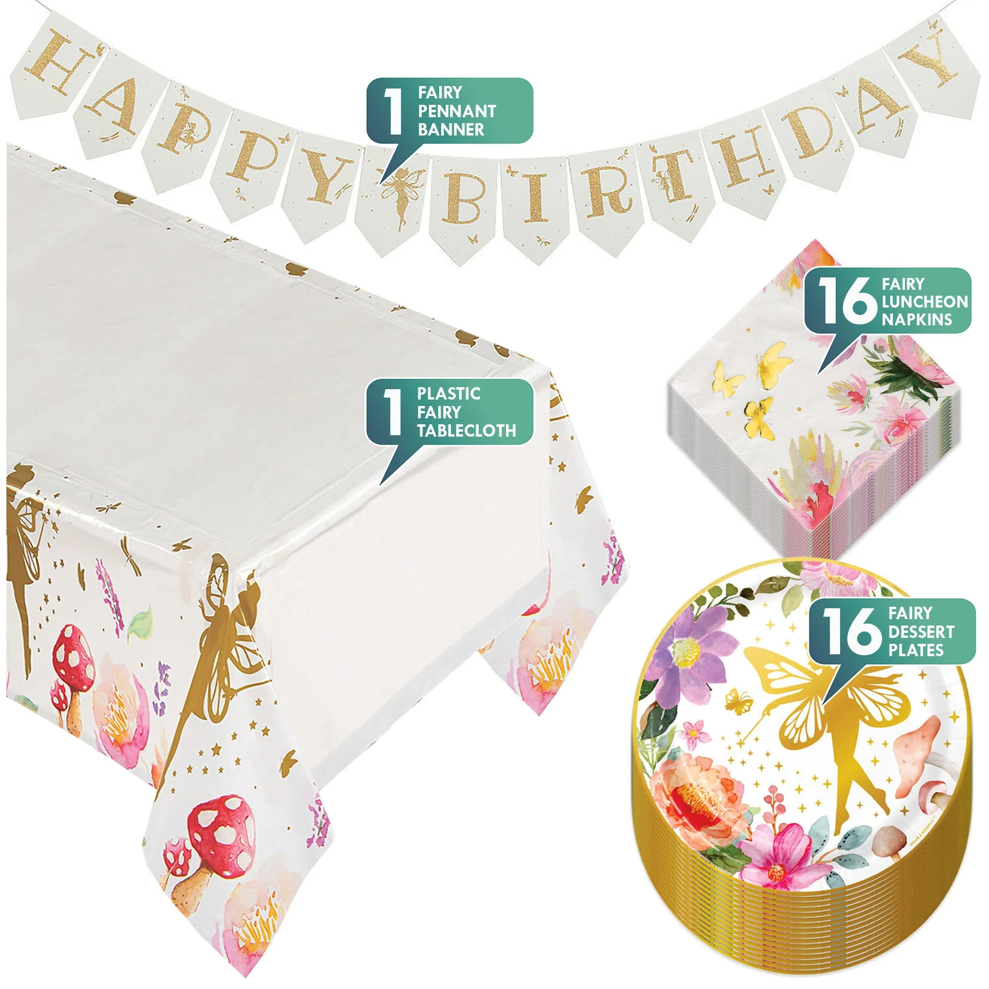 Enchanted Fairy Party Pack - Floral and Gold Fairy Paper Dessert Plates, Napkins, Table Cover, and Banner (16 Plates & Napkins)