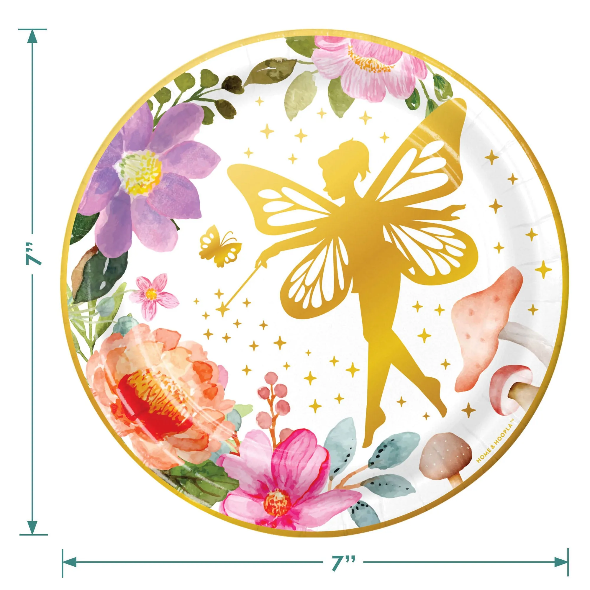 Enchanted Fairy Party Pack - Floral and Gold Fairy Paper Dessert Plates, Napkins, Table Cover, and Banner (16 Plates & Napkins)