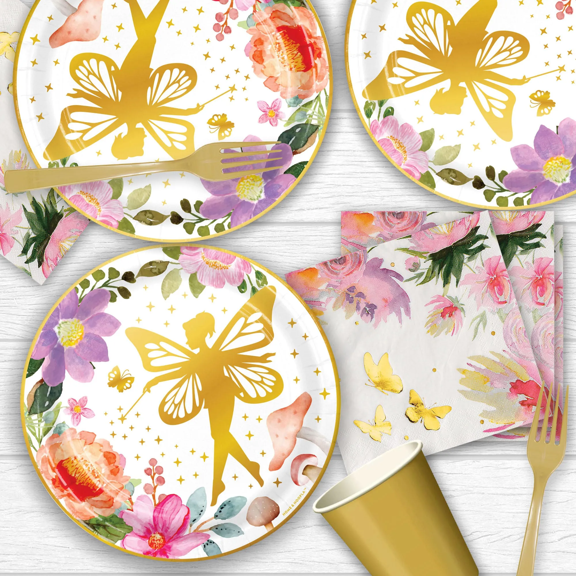 Enchanted Fairy Party Pack - Floral and Gold Fairy Paper Dessert Plates, Napkins, Table Cover, and Banner (16 Plates & Napkins)