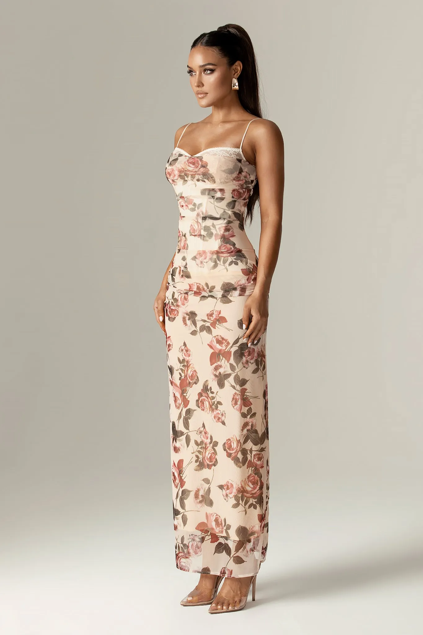 Evita Italian Rose Print Corset Maxi Dress (Rose Print)