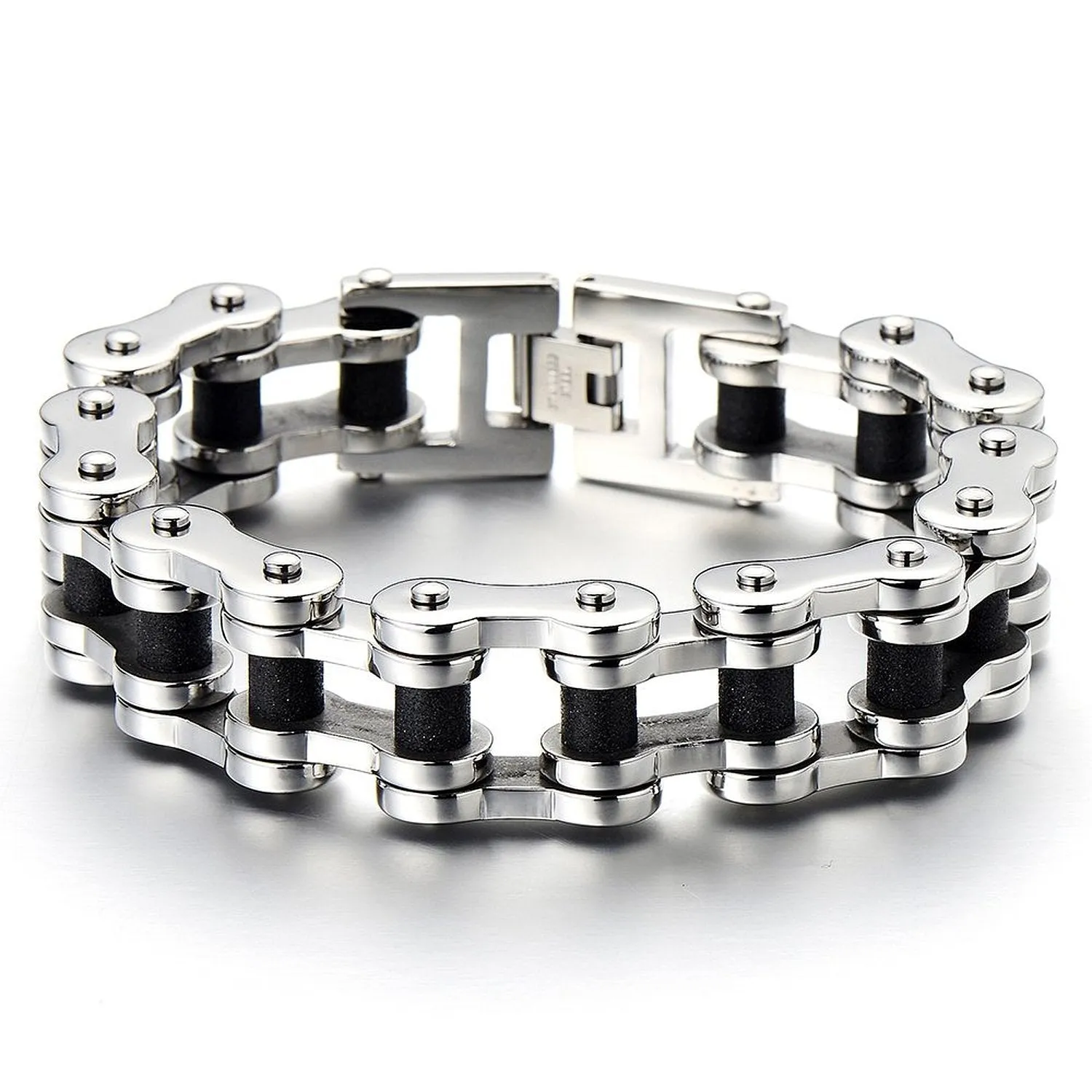 Exquisite Bike Chain Bracelet for Men, Crafted from Stainless Steel in Silver and Black Two-Tone, Polished and Satin Finish, Perfect for Casual Wear or Biker-Themed Events