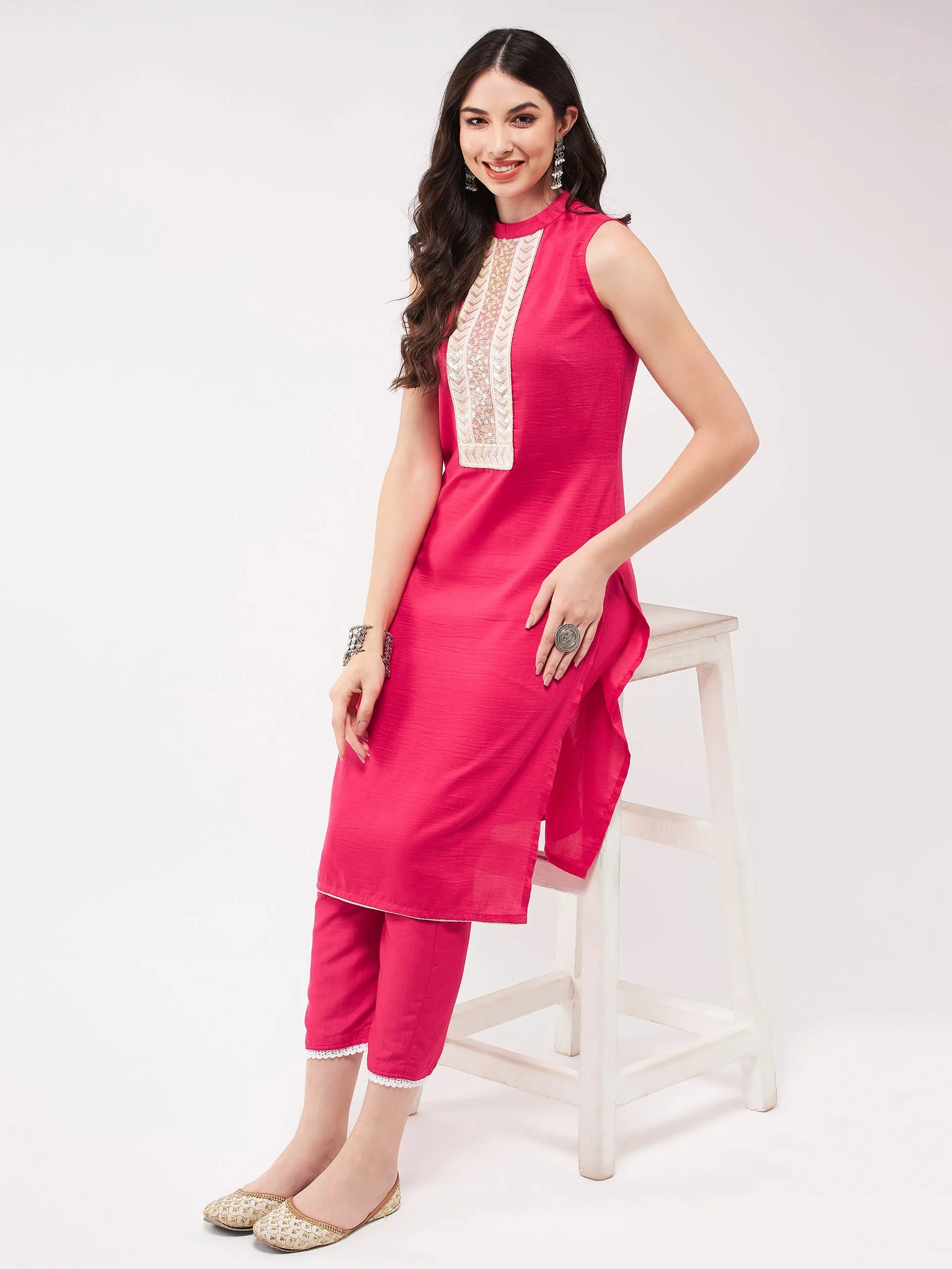 Festive Solid Sleeveless Kurti With Lace Yoke And Matching Pant Set