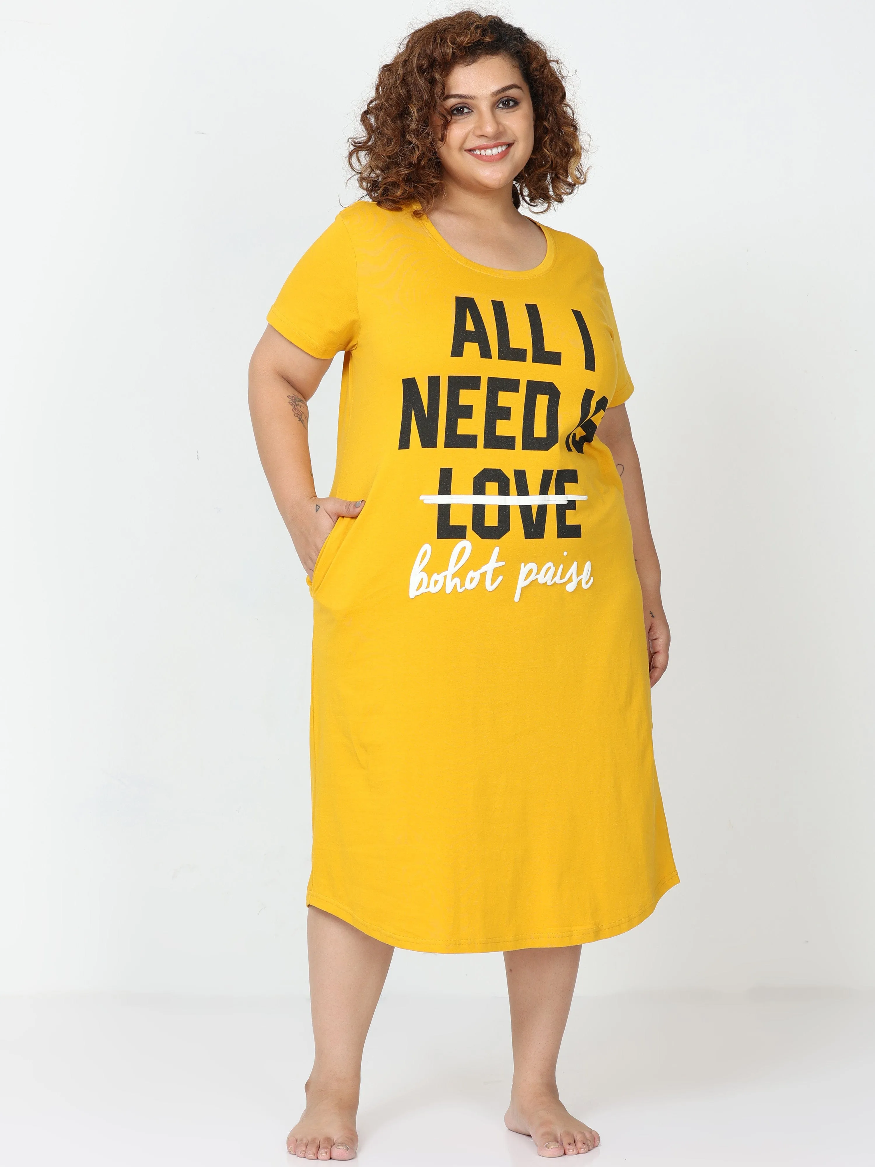 Fire Yellow Hosiery Cotton Short Nighty Plus Size