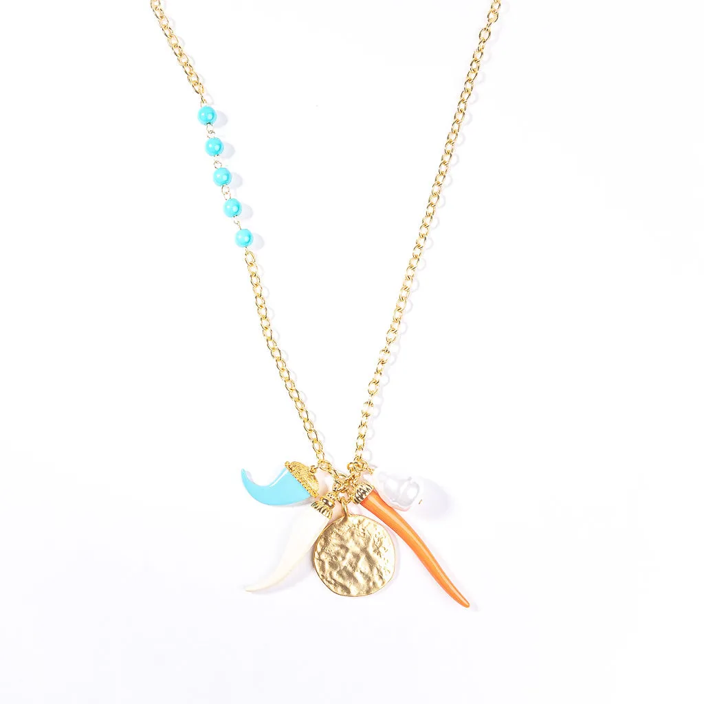 Gold and Turquoise Chain Necklace with Multicolored Pendants