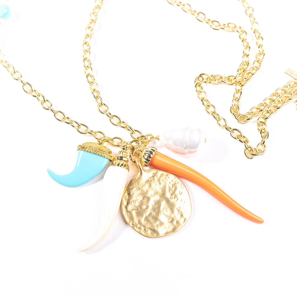 Gold and Turquoise Chain Necklace with Multicolored Pendants