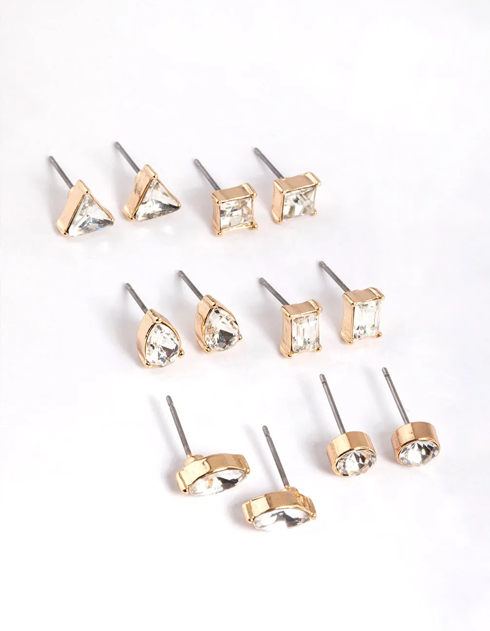 Gold Mixed Cut Diamante Stud Earrings 6-Pack