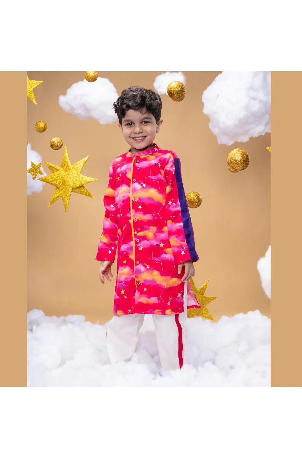 Golden Cloud And Stars Embroidered Cotton Satin Kurta With Pyjama Set