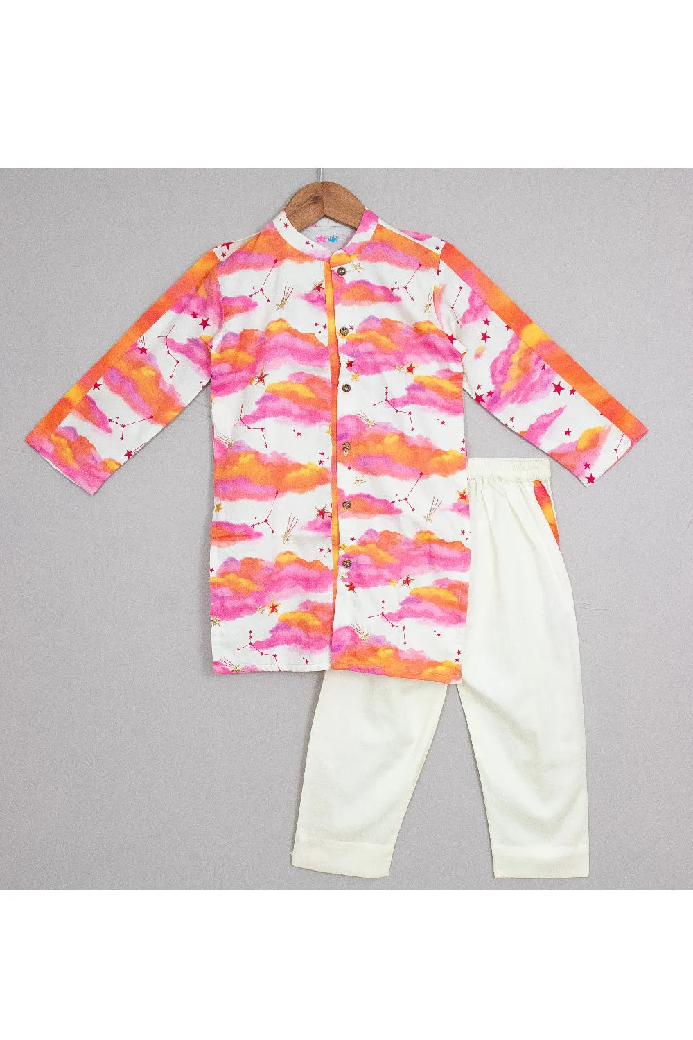 Golden Cloud And Stars Embroidered Cotton Satin Kurta With Pyjama Set