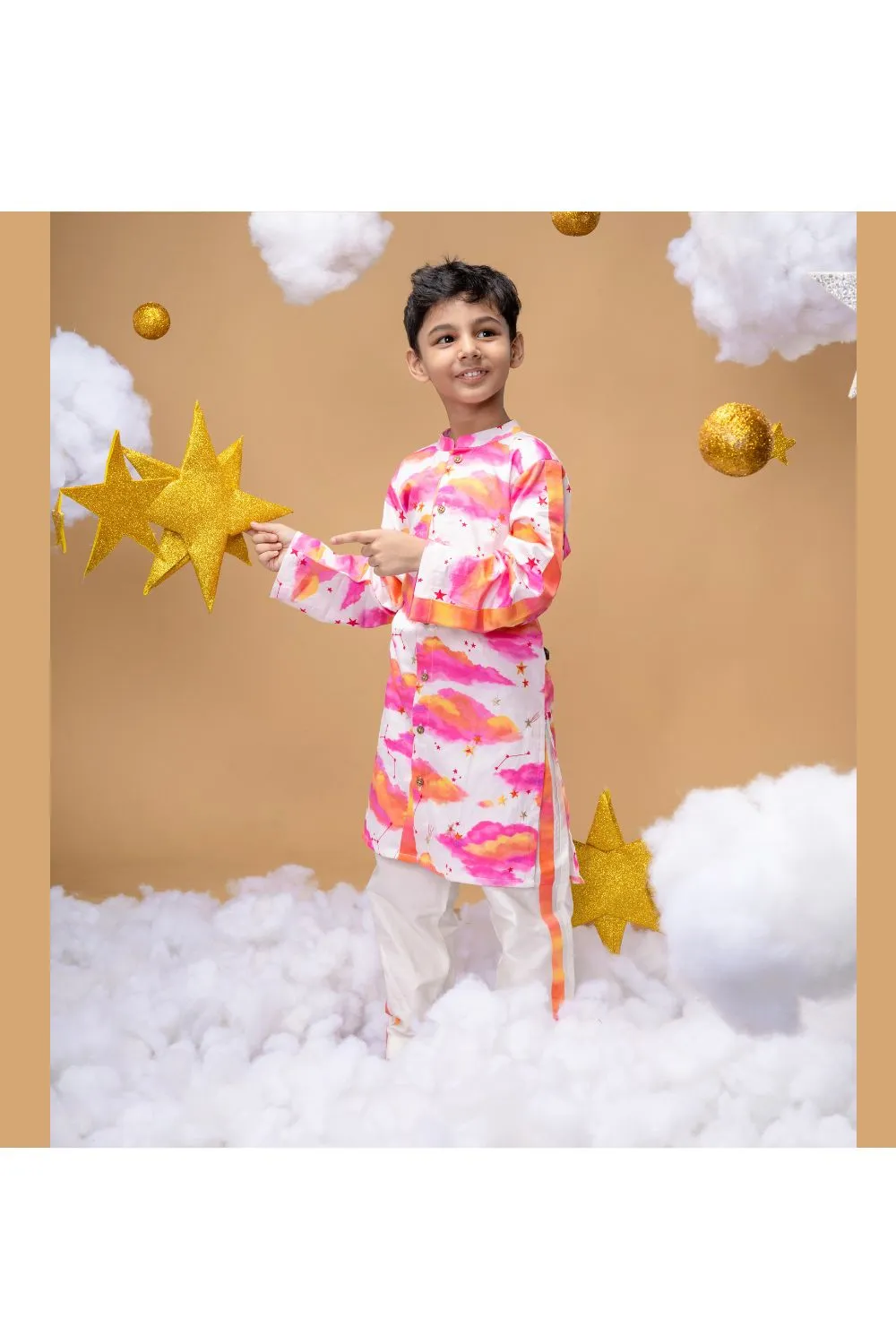 Golden Cloud And Stars Embroidered Cotton Satin Kurta With Pyjama Set