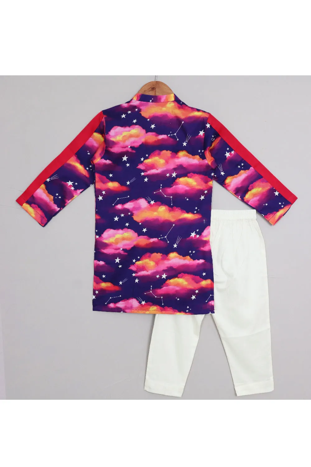 Golden Cloud And Stars Embroidered Cotton Satin Kurta With Pyjama Set