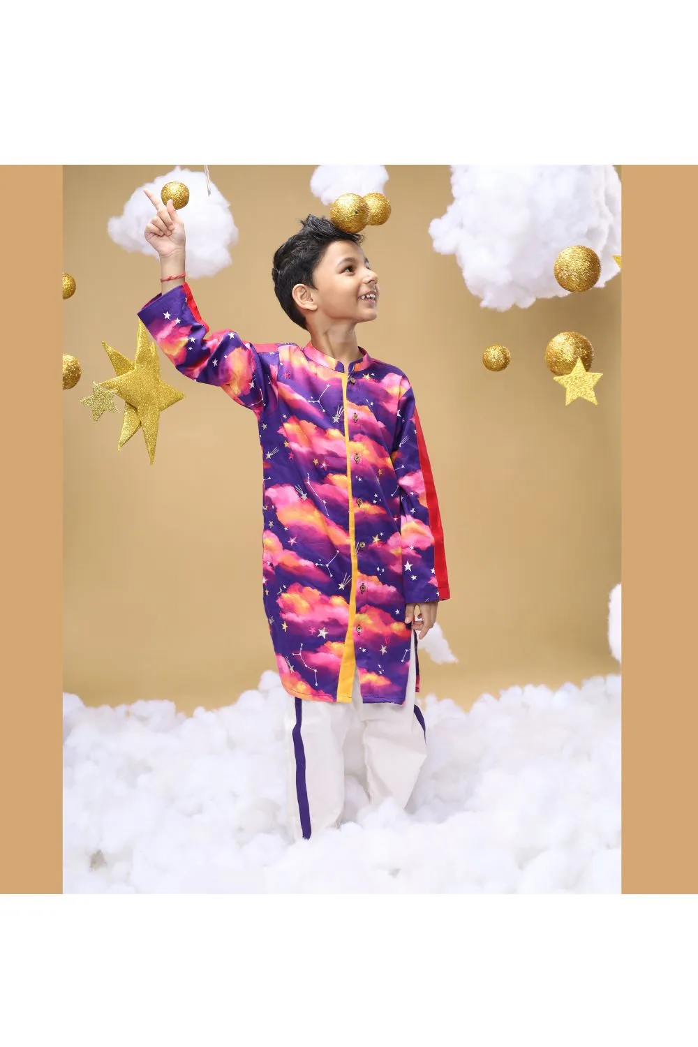 Golden Cloud And Stars Embroidered Cotton Satin Kurta With Pyjama Set