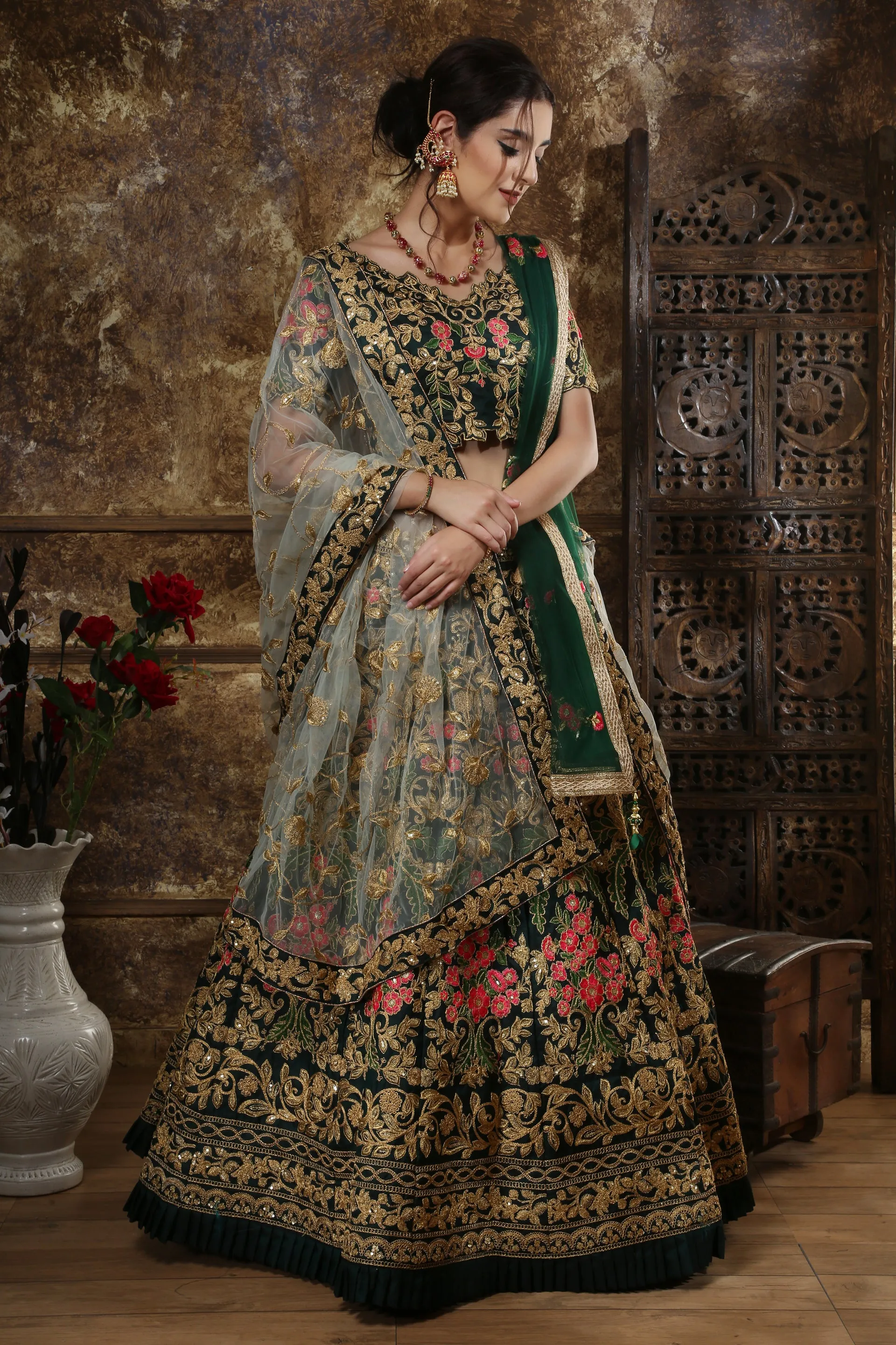 Green Embroidered Silk Blend Semi Stitched Lehenga Choli With Double Dupatta