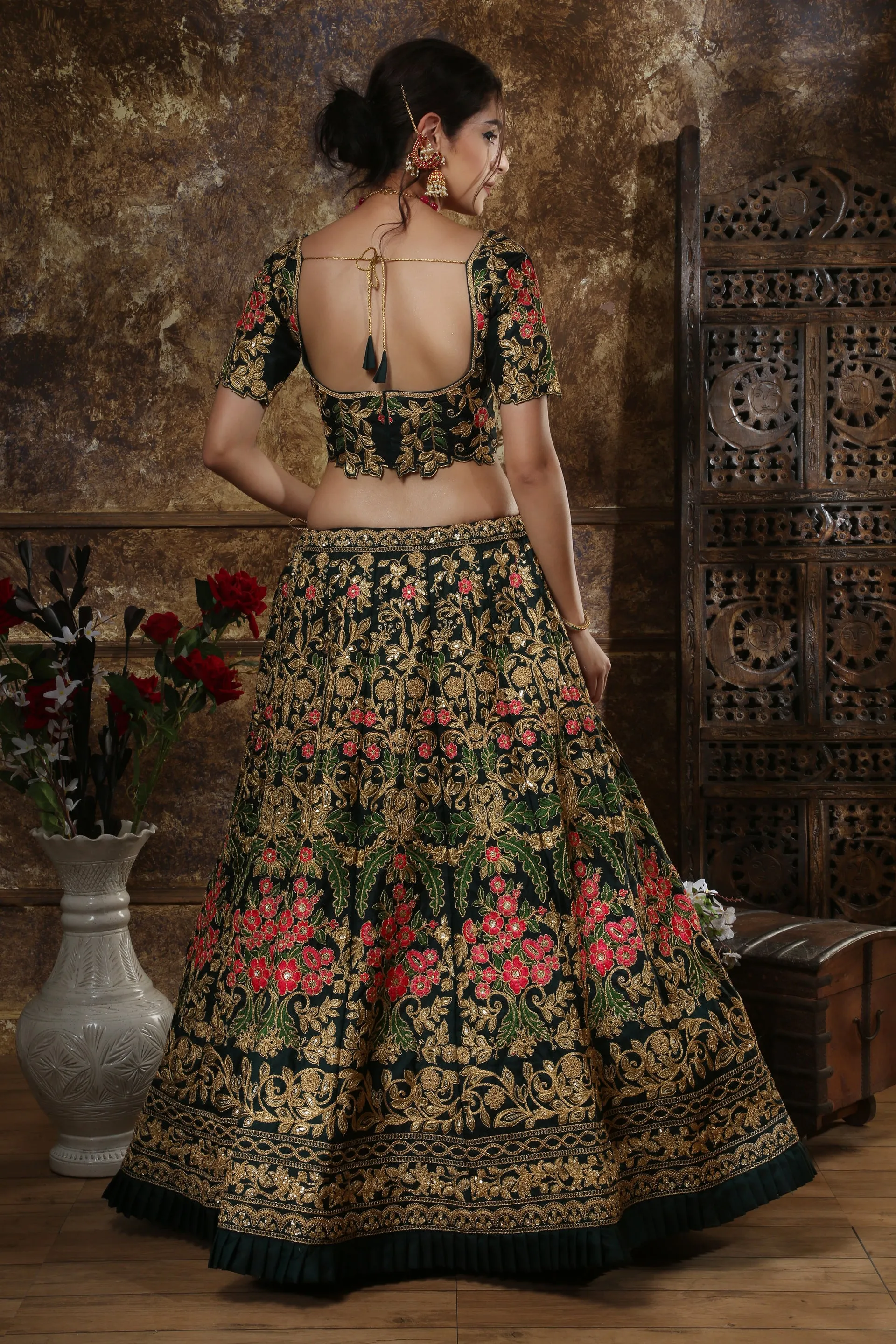 Green Embroidered Silk Blend Semi Stitched Lehenga Choli With Double Dupatta