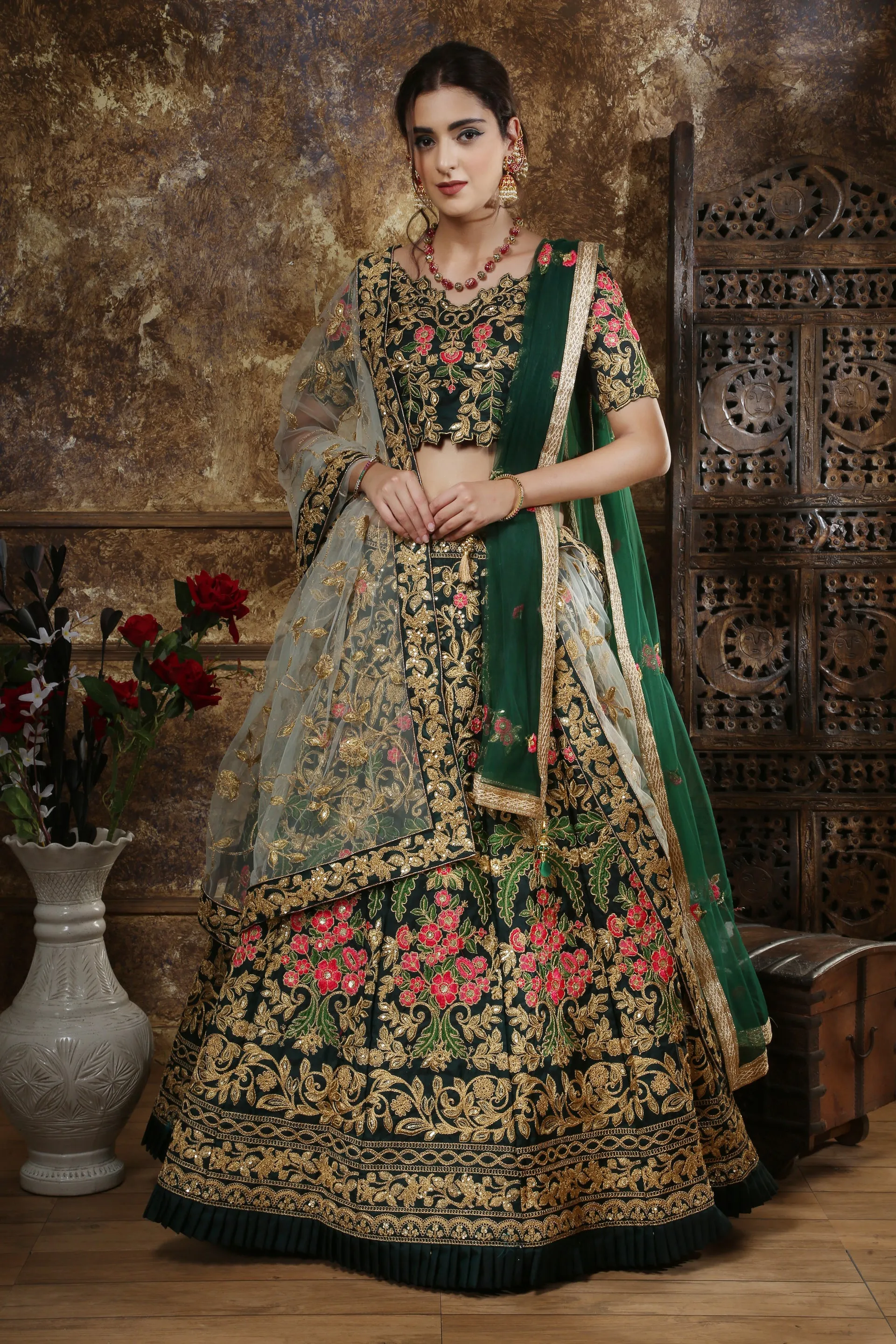 Green Embroidered Silk Blend Semi Stitched Lehenga Choli With Double Dupatta