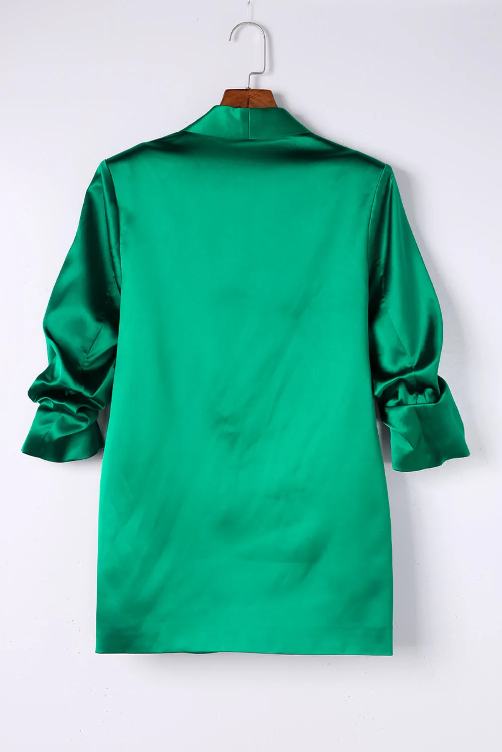 Green Lapel Collar Pocketed Satin Blazer