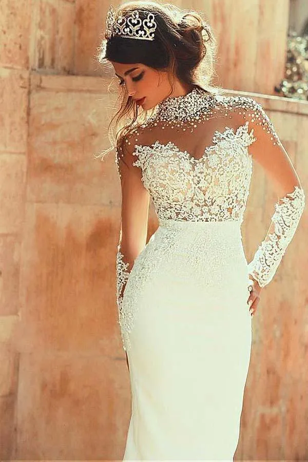 High Neckline Sheath Wedding Dresses With Beaded Lace Appliques WD191