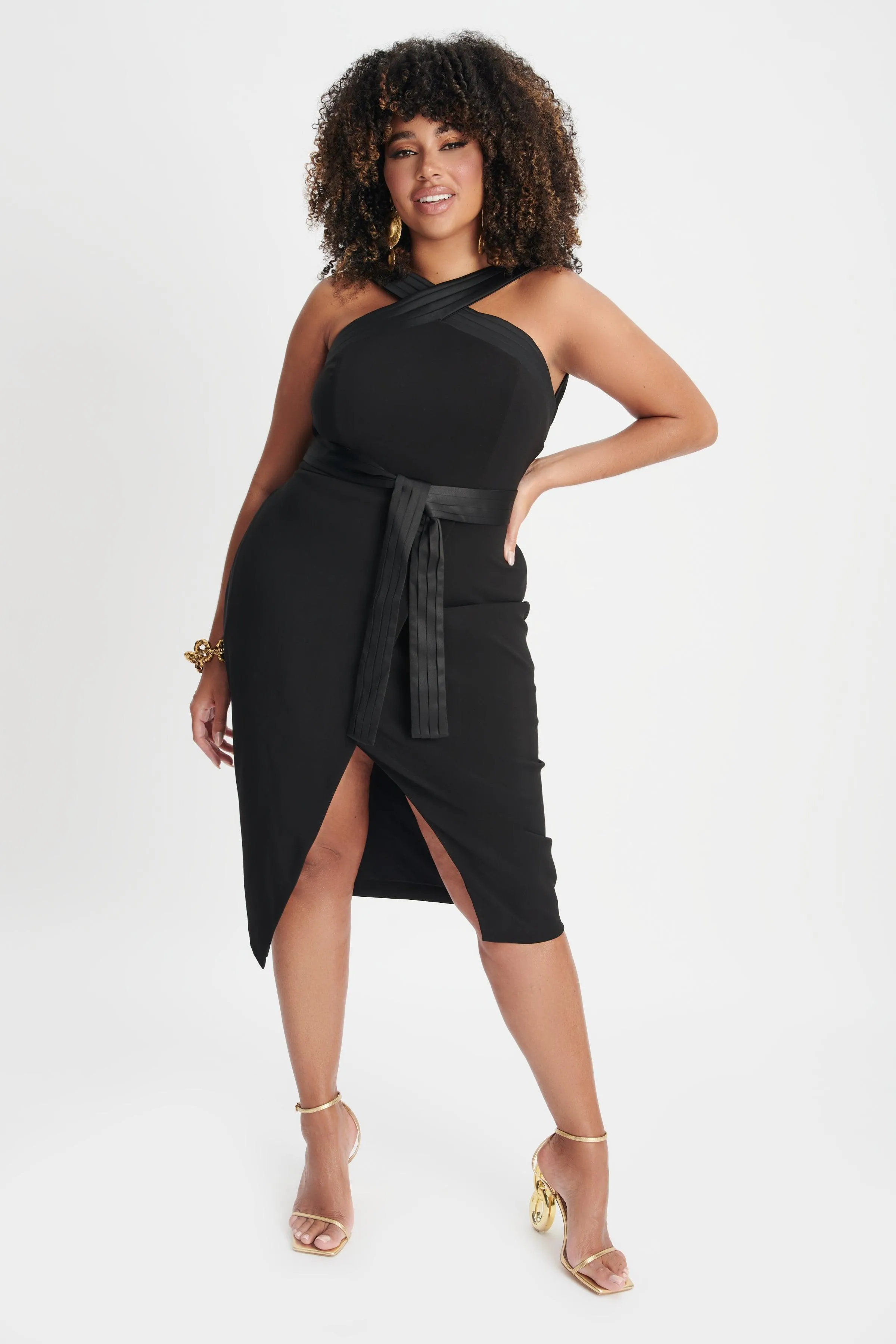 ISLA Curve Satin Mix Cross Over Midi Dress In Black