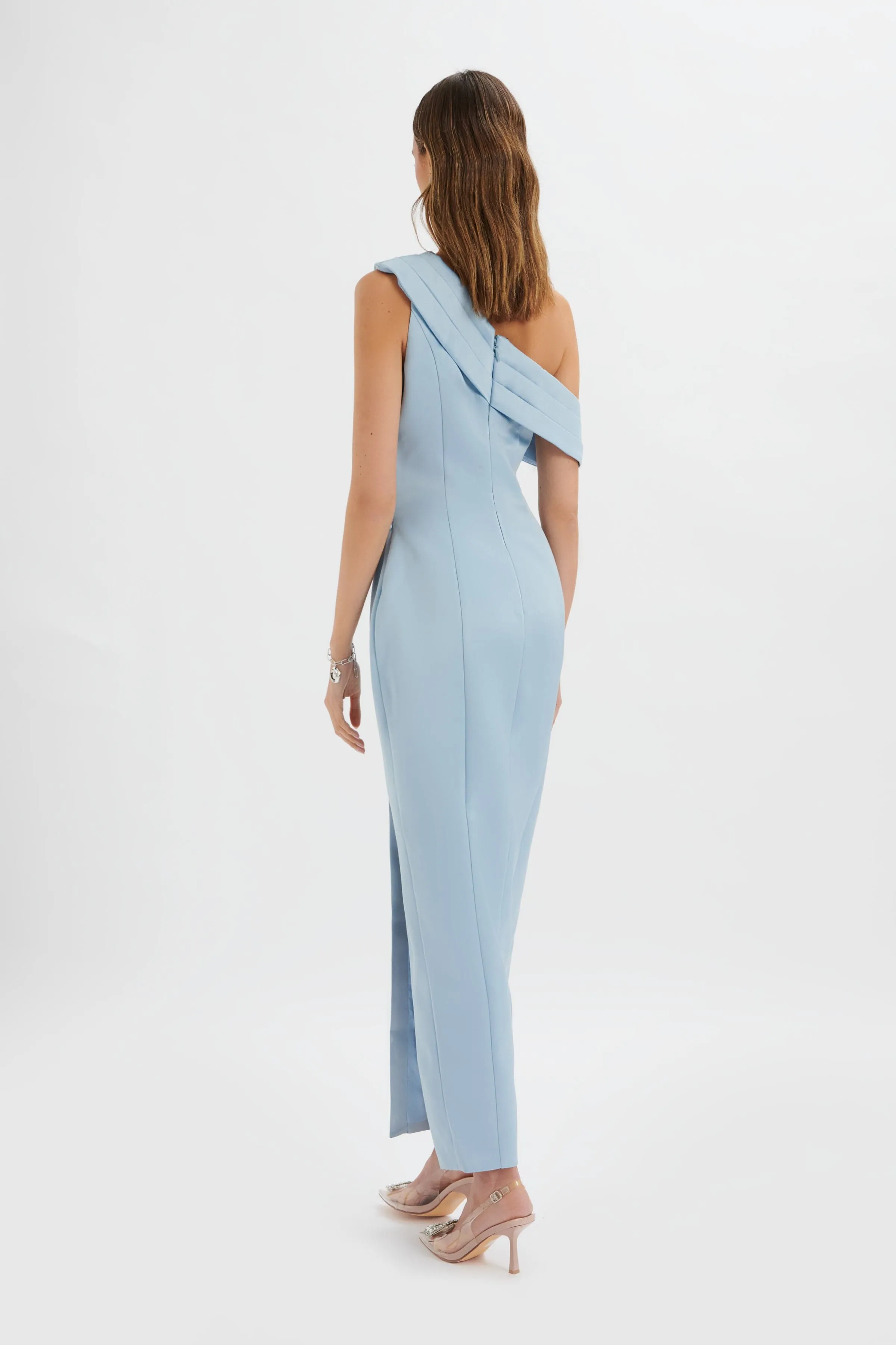 JOANNA Bonded Satin Pleated Maxi Dress In Dusty Blue