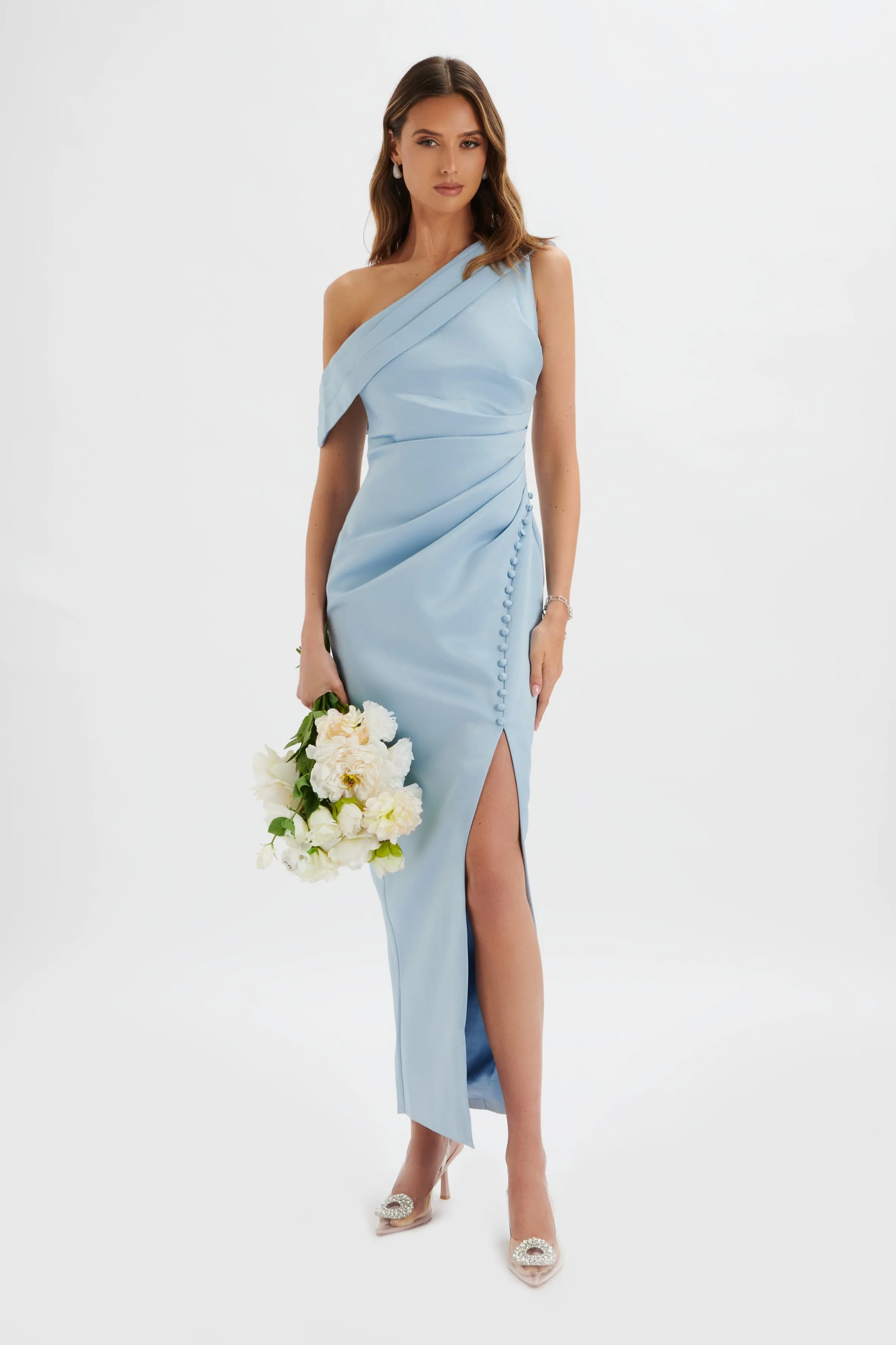 JOANNA Bonded Satin Pleated Maxi Dress In Dusty Blue