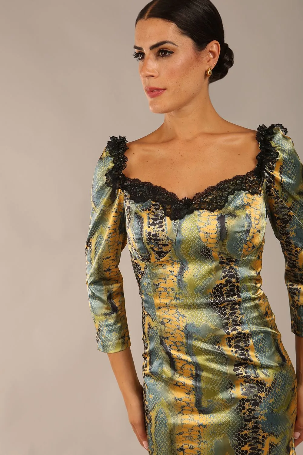 Jura Snakeskin Stretch Satin Print With Contrast Lace Trim Dress