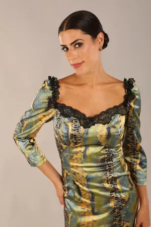 Jura Snakeskin Stretch Satin Print With Contrast Lace Trim Dress