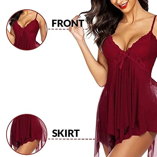 KITTYBEES Nightwear for Girls-Babydoll Dress for Women, Honeymoon Lingerie, Lace Sleepwear (M, Maroon)