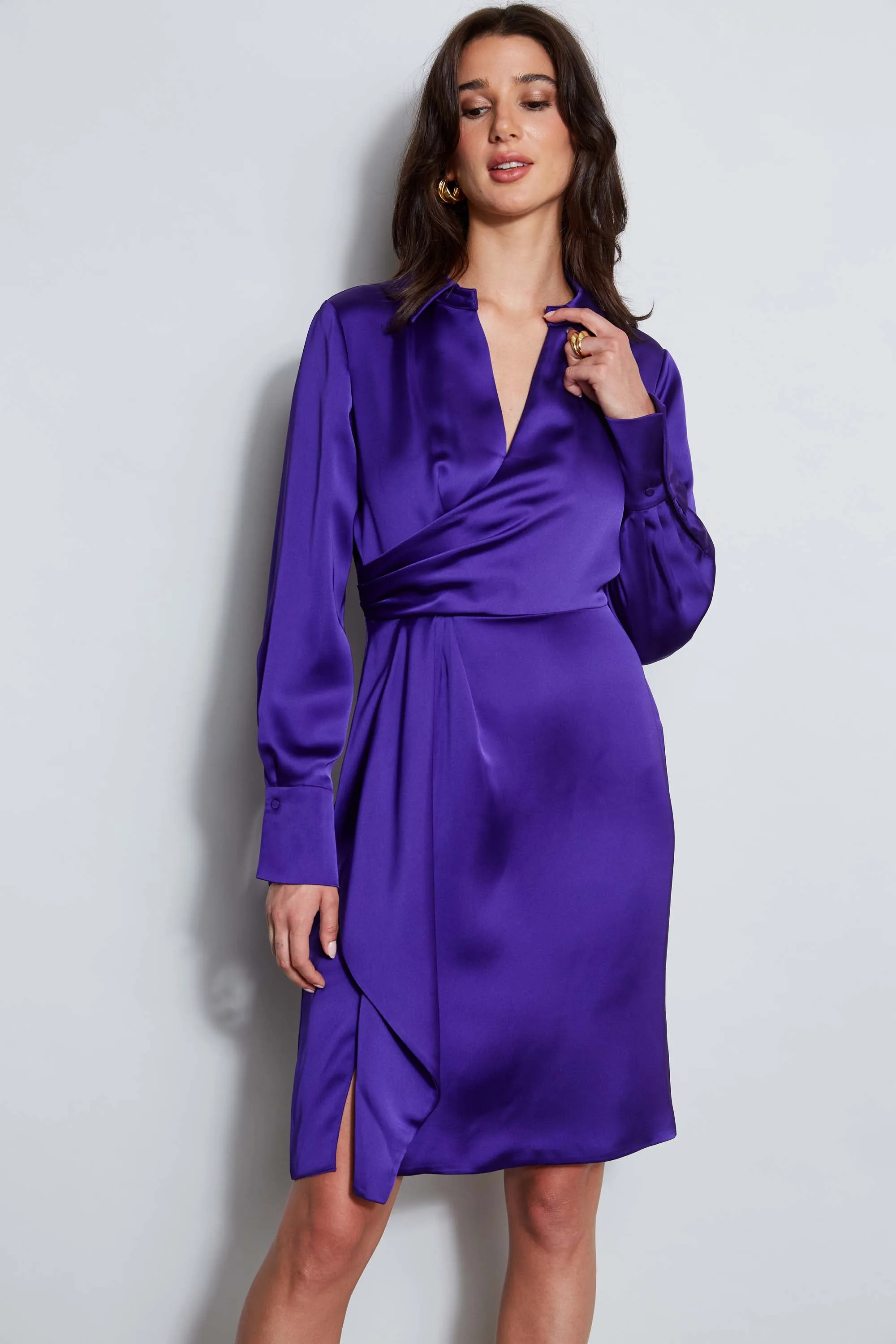 Long Sleeve Satin Wrap Dress