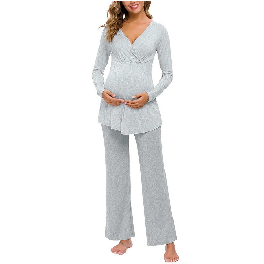 Long Sleeve Soft Cotton Maternity Nursing Pajamas