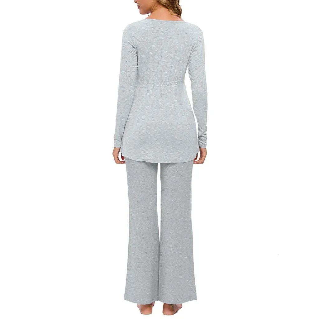 Long Sleeve Soft Cotton Maternity Nursing Pajamas