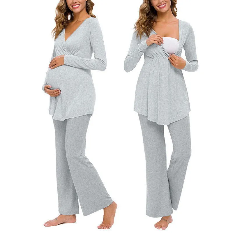 Long Sleeve Soft Cotton Maternity Nursing Pajamas