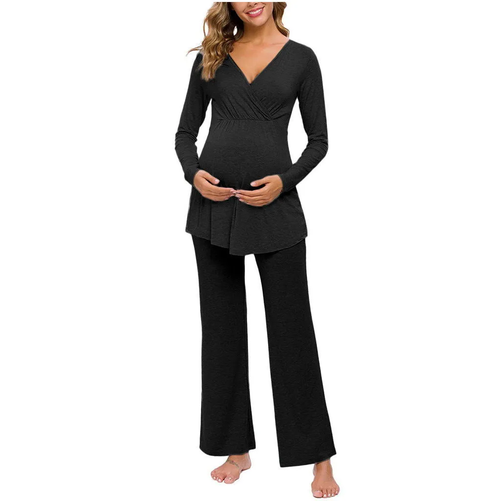 Long Sleeve Soft Cotton Maternity Nursing Pajamas