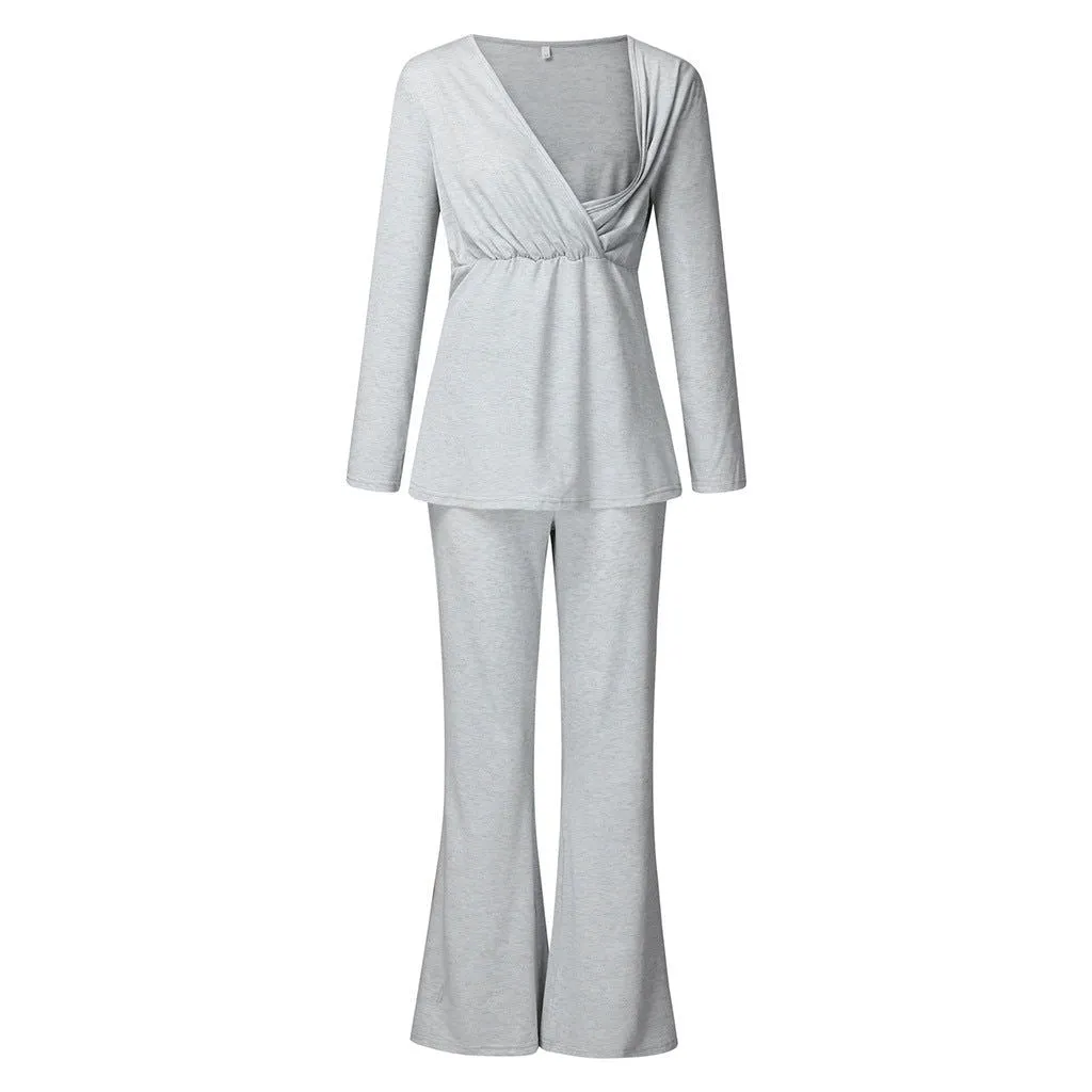 Long Sleeve Soft Cotton Maternity Nursing Pajamas