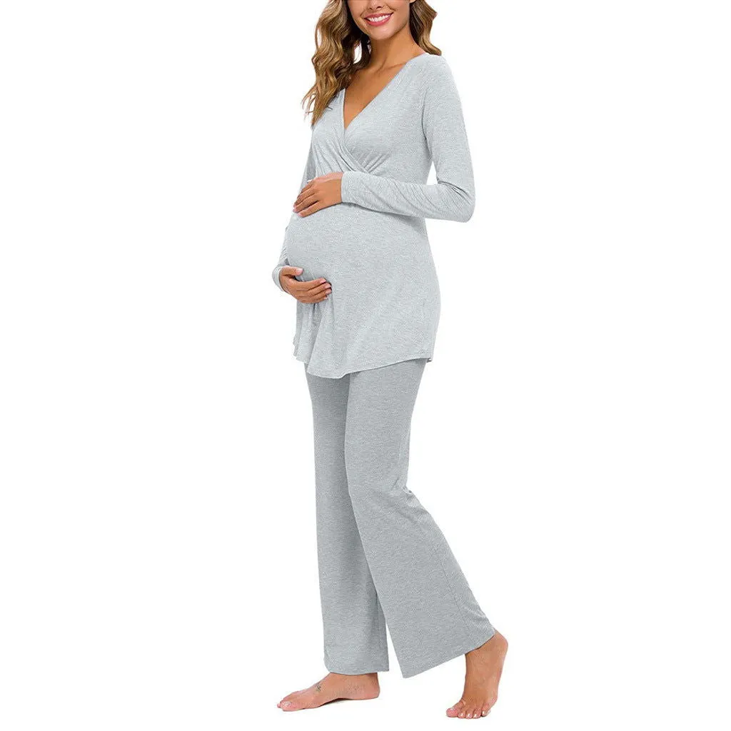 Long Sleeve Soft Cotton Maternity Nursing Pajamas