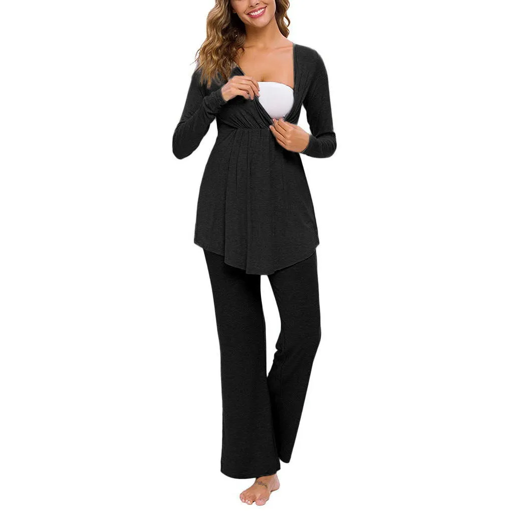 Long Sleeve Soft Cotton Maternity Nursing Pajamas