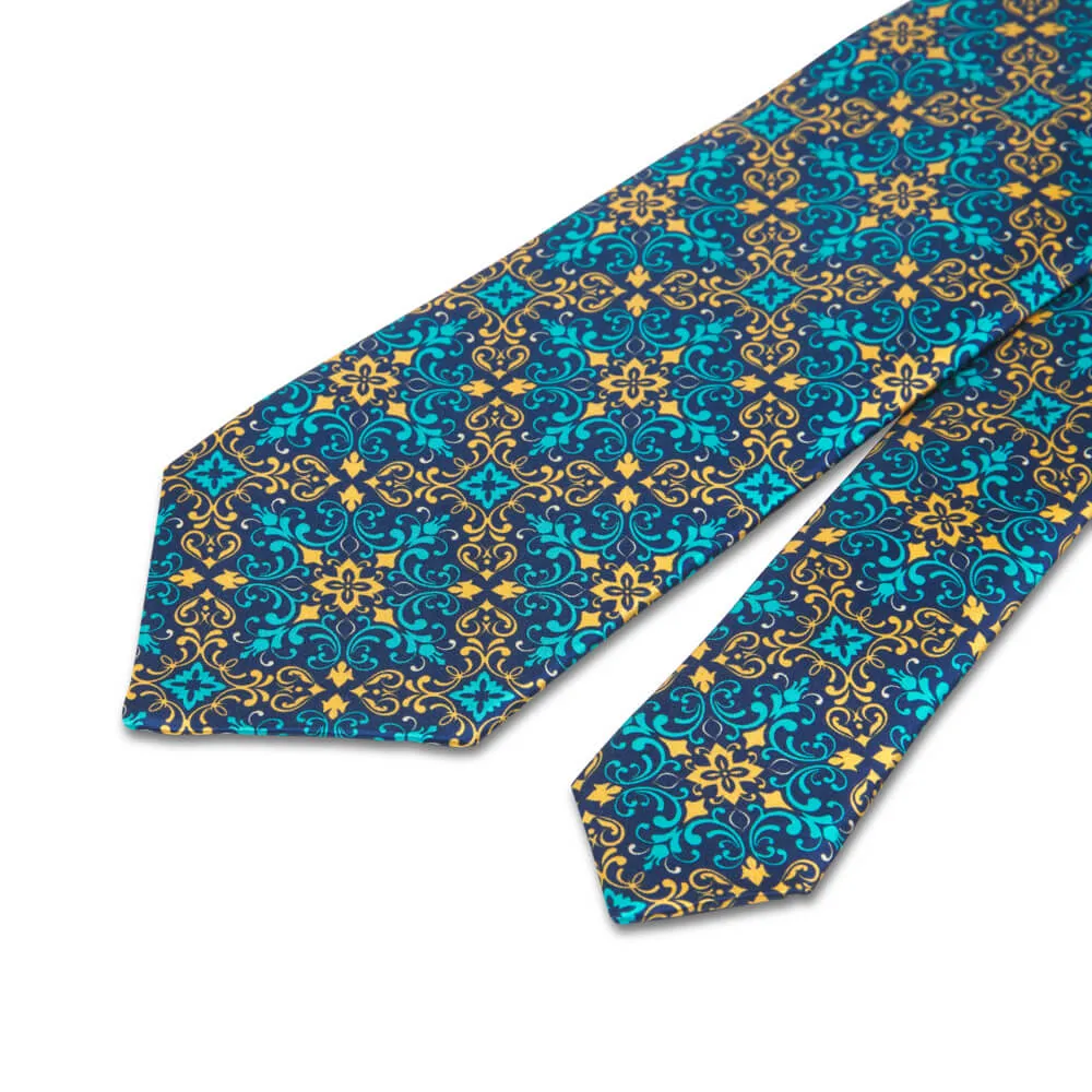 Lorenzo the Magnificent Turquoise and Yellow Duchesse Silk Tie