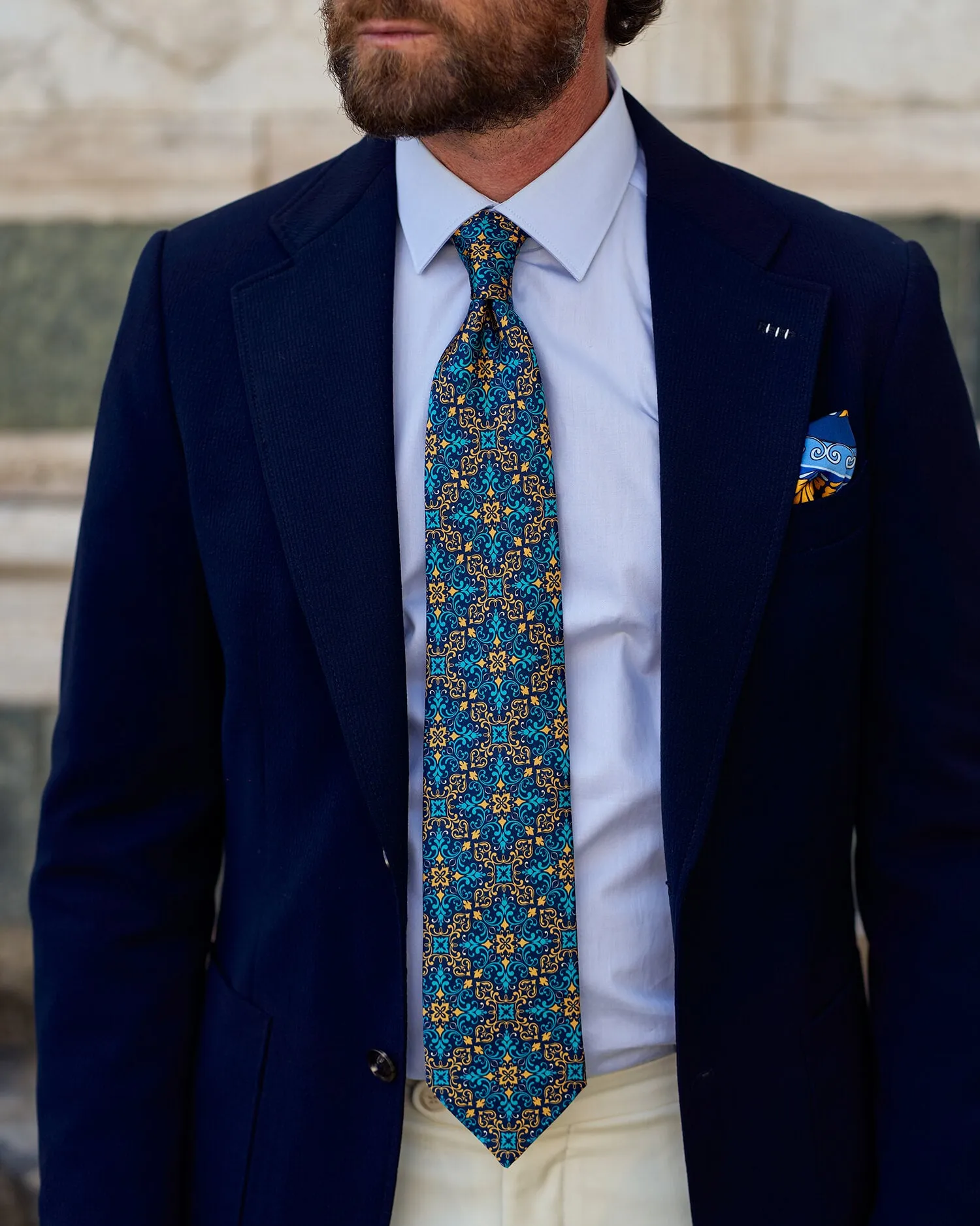 Lorenzo the Magnificent Turquoise and Yellow Duchesse Silk Tie