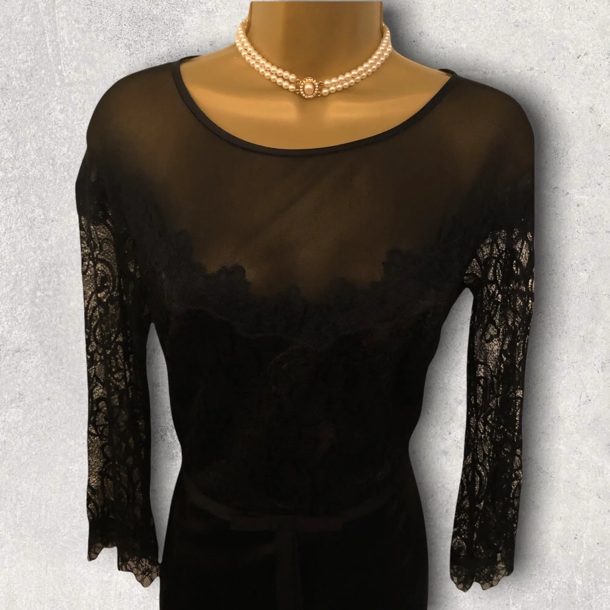 Luis Civit Black Long Sleeve Satin & Lace Dress  UK 10 US 6 EU 38 BNWT RRP £395