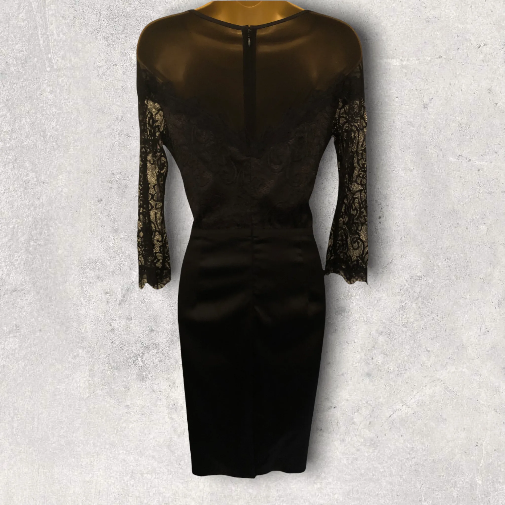 Luis Civit Black Long Sleeve Satin & Lace Dress  UK 10 US 6 EU 38 BNWT RRP £395