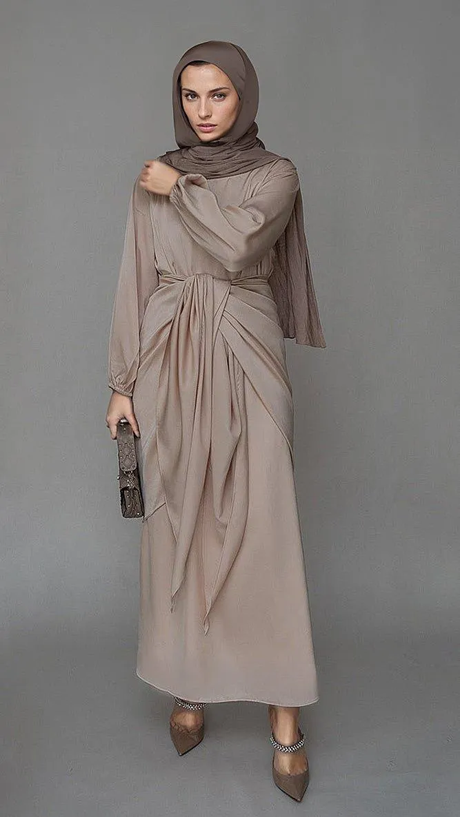 Lulule maxi abaya dress with detached apron elasticated sleeve like tie waist piece in satin light beige