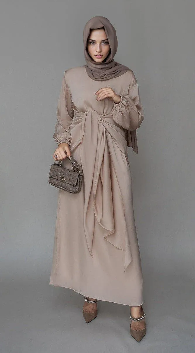 Lulule maxi abaya dress with detached apron elasticated sleeve like tie waist piece in satin light beige