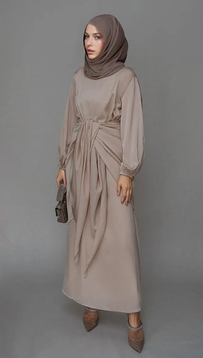 Lulule maxi abaya dress with detached apron elasticated sleeve like tie waist piece in satin light beige