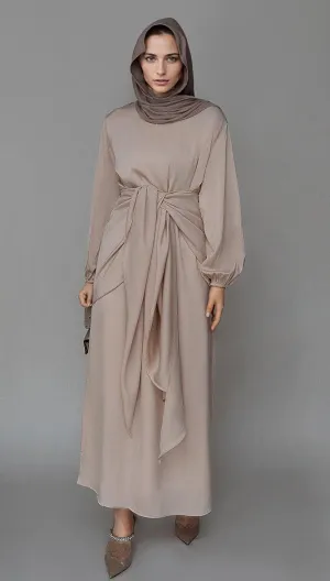 Lulule maxi abaya dress with detached apron elasticated sleeve like tie waist piece in satin light beige